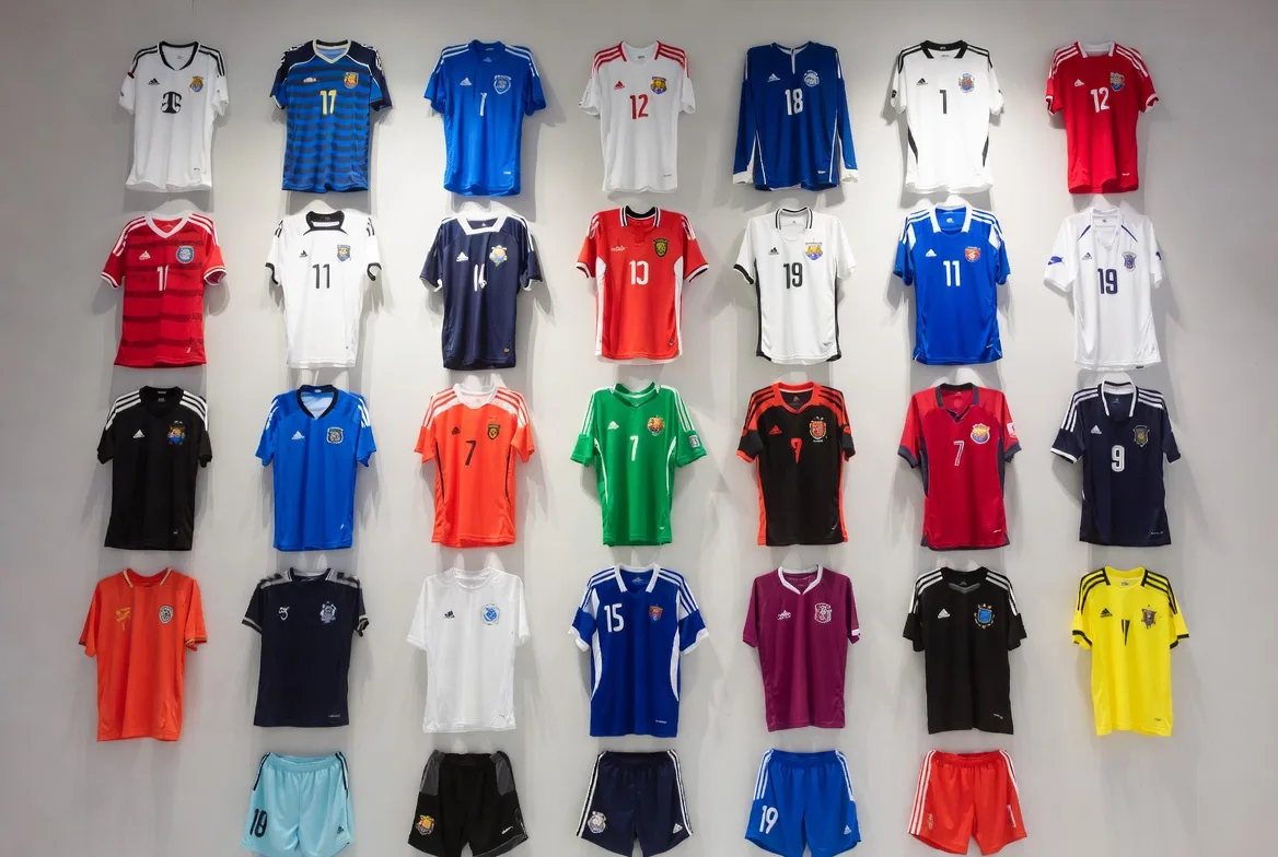 Showroom wall displaying rows of colourful custom soccer kits and shorts