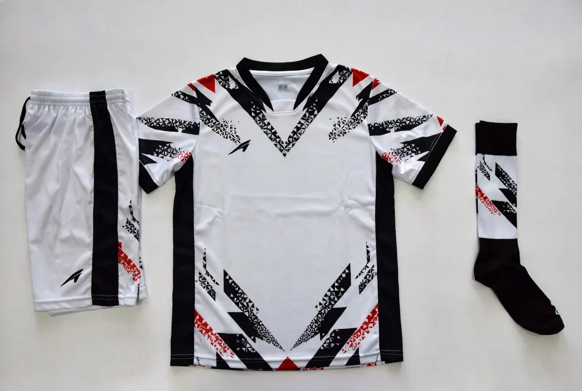 Classic white custom soccer kit with subtle geometric patterns and team crest
