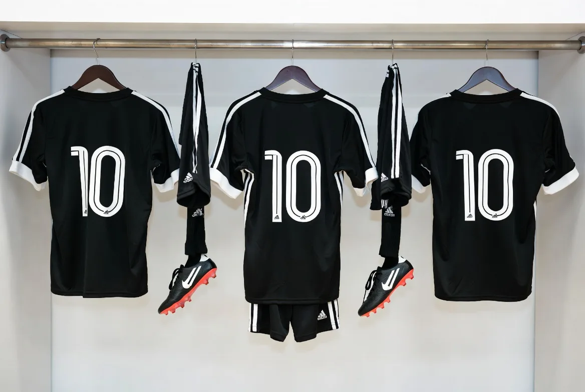 Black soccer kit sample with number 10 hanging in a showroom