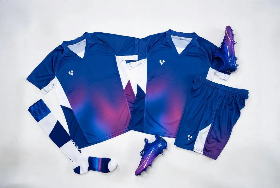Custom blue gradient soccer kit with accessories from BWA Sports