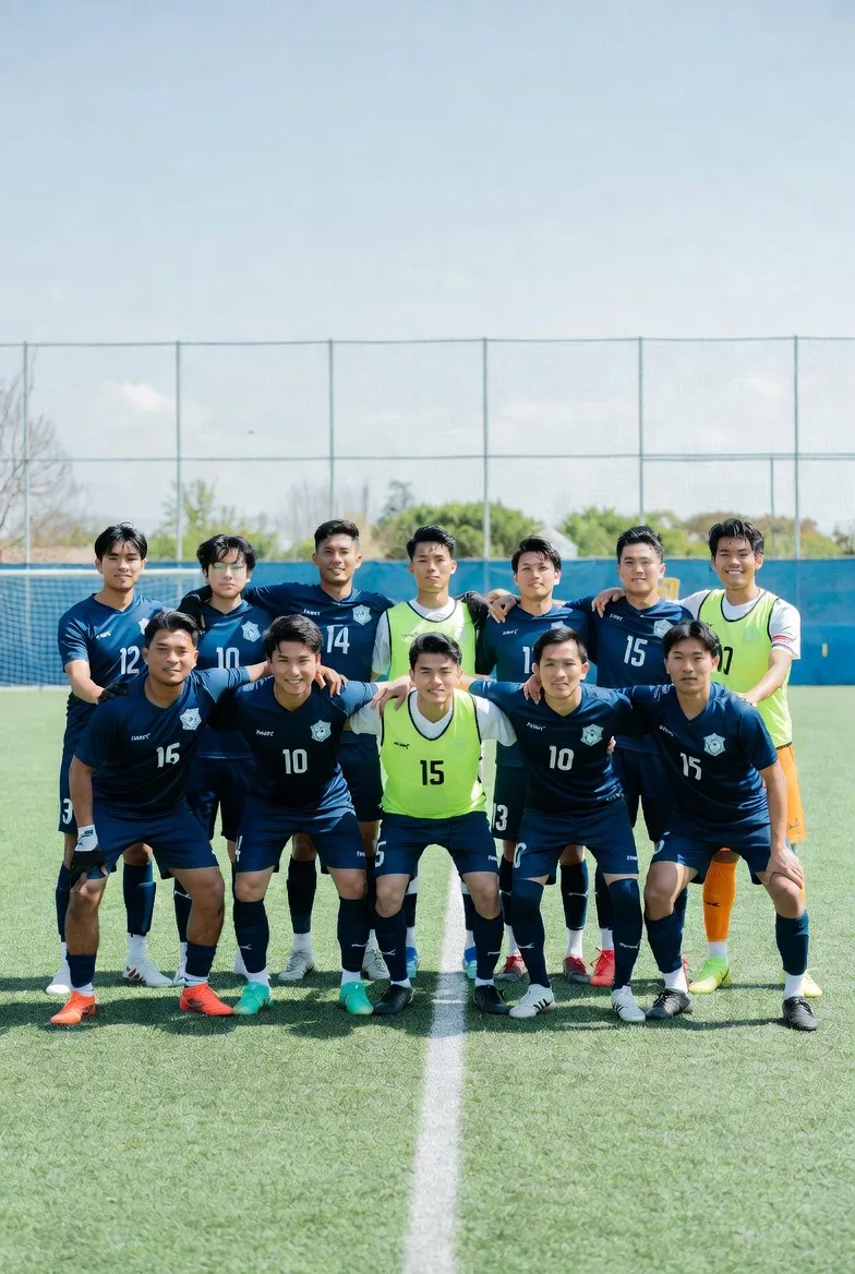 Team wearing blue custom soccer uniforms