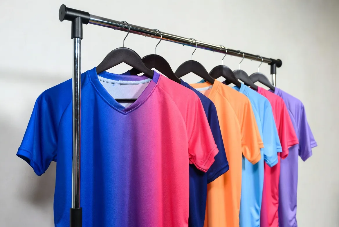 Rack of colourful gradient sport shirts hanging inside the BWA Sports manufacturing facility