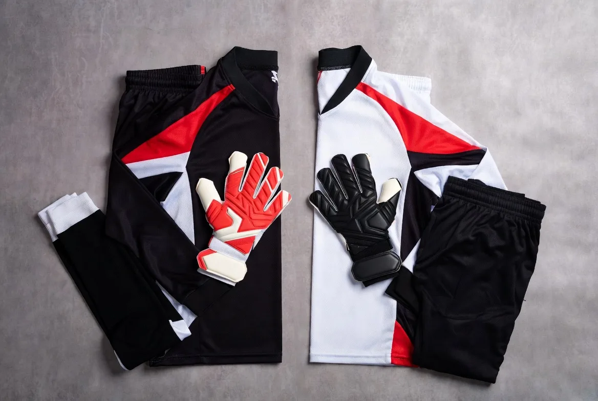 Custom goalkeeper kit with padded protection, gloves and shorts