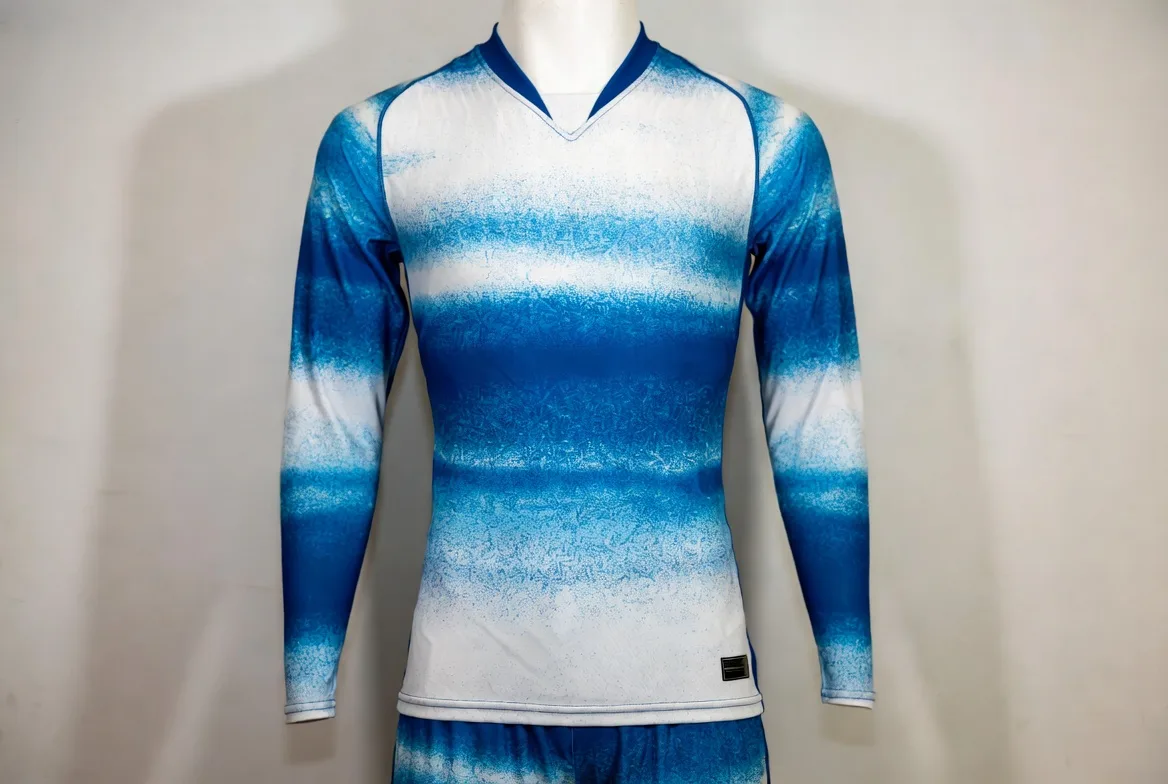Mannequin wearing a blue gradient sublimated soccer jersey and shorts